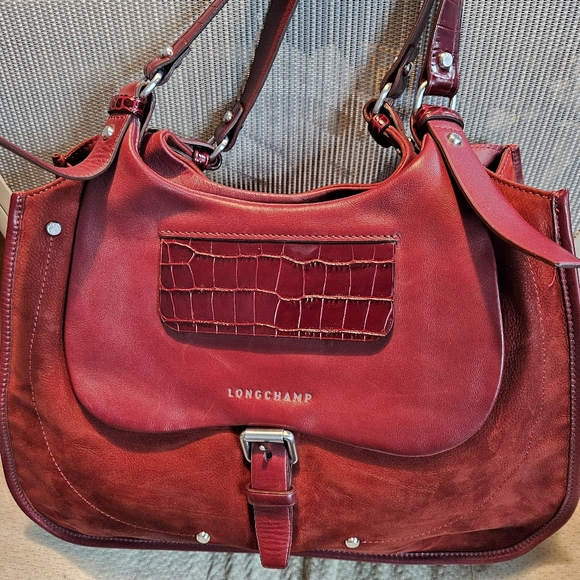 Lonchamp EUC Red Suede & Croc Embossed w/Leather Trim Shoulder Bag - Picture 1 of 17